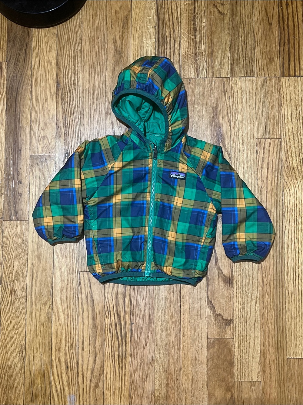 **Read Patagonia Kids Reversible Hooded Full Zip Puffer Jacket Plaid Green 4T